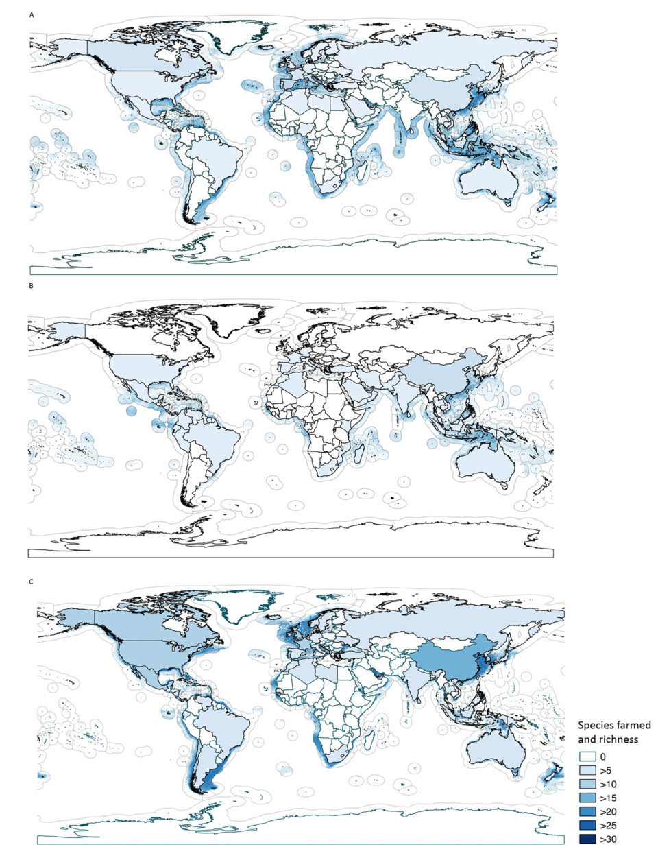 Fig. 3: Área de maricultura potencial global predicha y riqueza regional de especies cultivadas para (A) peces (66 millones de kilómetros cuadrados); (A) crustáceos (39 millones de kilómetros cuadrados); y (C) moluscos (31 millones de kilómetros cuadrados). Modificado del original en https://doi.org/10.1371/journal.pone.0191086.g007.