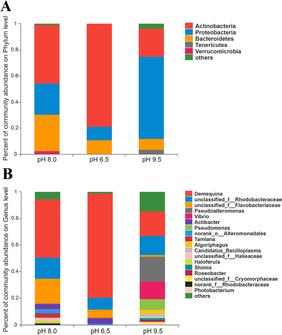 Fig. 2: Composición de microbiota intestinal de <em>L. vannamei</em> bajo estrés de pH durante 28 días. (A) Composición a nivel de phylum; (B) Composición a nivel de género.